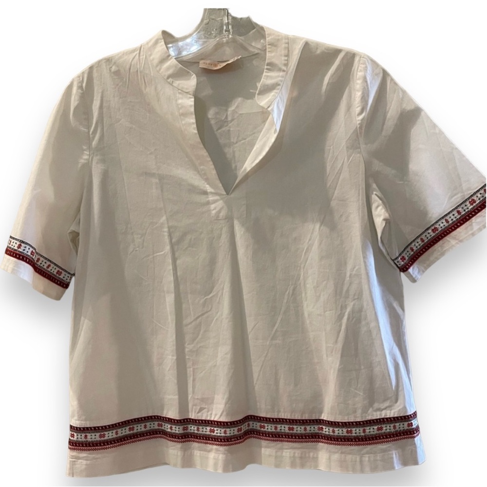 Tory Burch Top Short Sleeve Mandarin Collar Embroidered Size 10 Cross Stitch